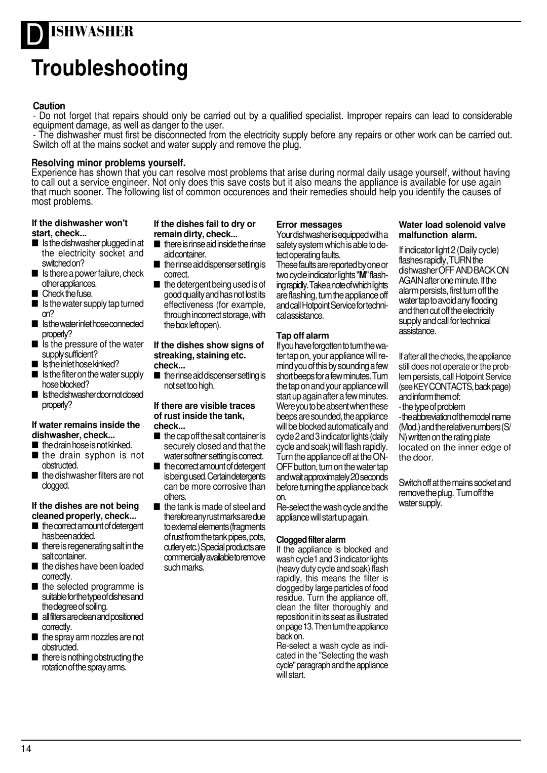 Hotpoint BFI620 manual Troubleshooting, Resolving minor problems yourself 