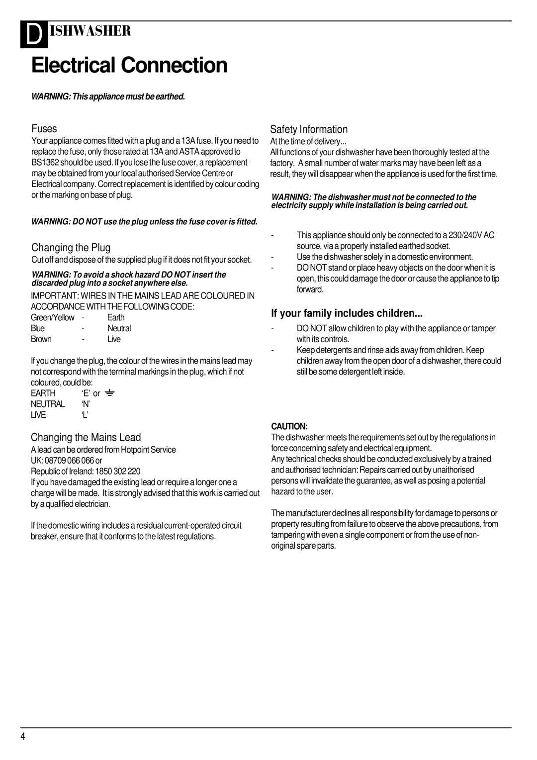 Hotpoint BFI620 manual Electrical Connection 