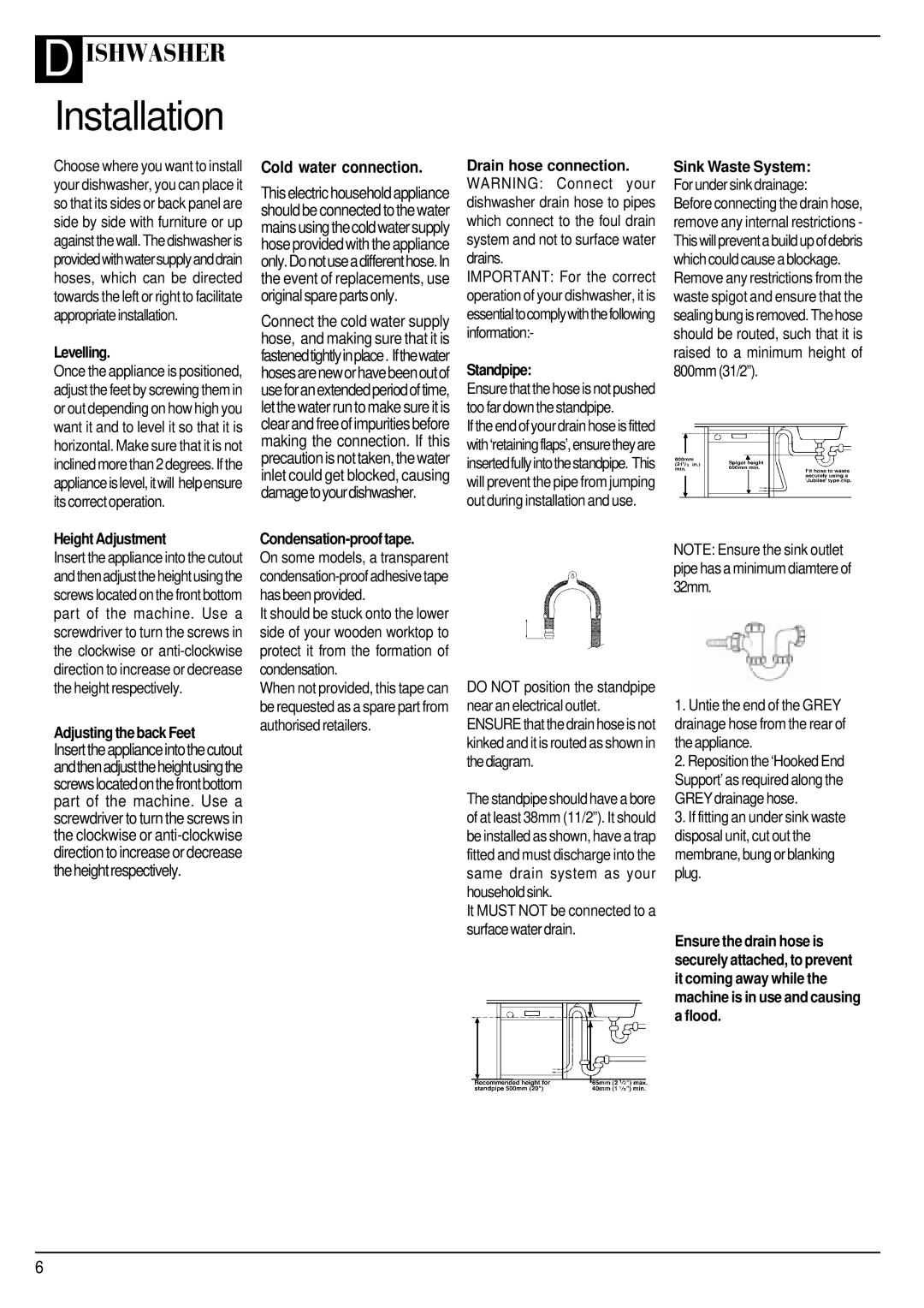 Hotpoint BFI620 Levelling, Drain hose connection, Standpipe, Sink Waste System, Height Adjustment, Adjusting the back Feet 