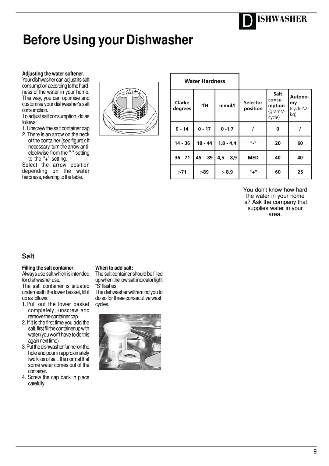 Hotpoint BFI68 manual Before Using your Dishwasher, Adjusting the water softener, To adjust salt consumption, do as follows 