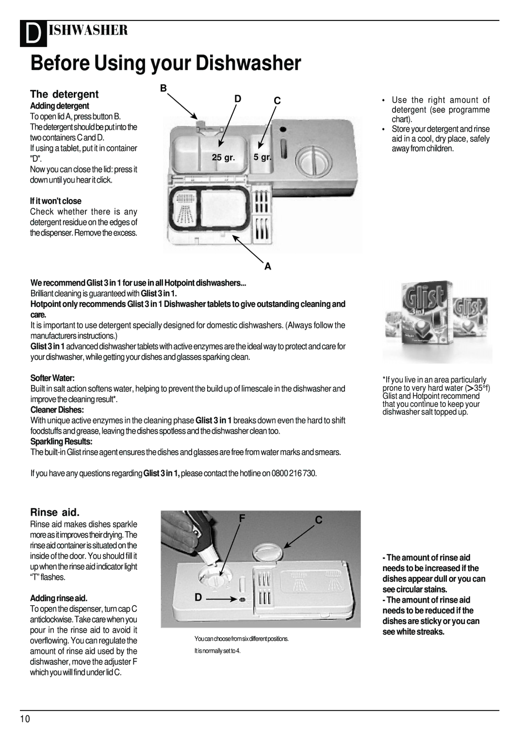 Hotpoint BFI68 manual Adding detergent, If it wont close, 25 gr, Softer Water, Cleaner Dishes, Sparkling Results 