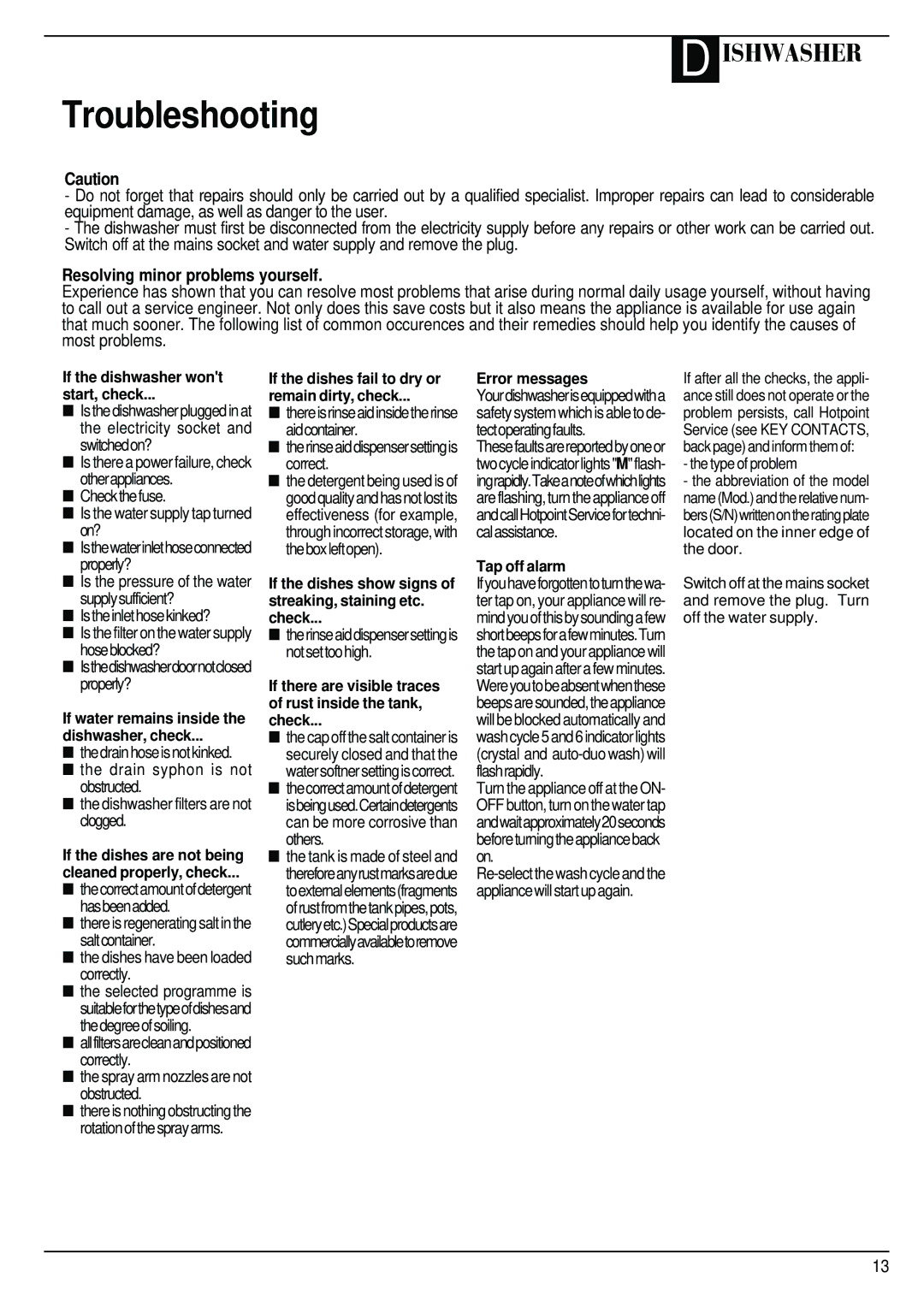 Hotpoint BFI68 manual Troubleshooting, Resolving minor problems yourself 