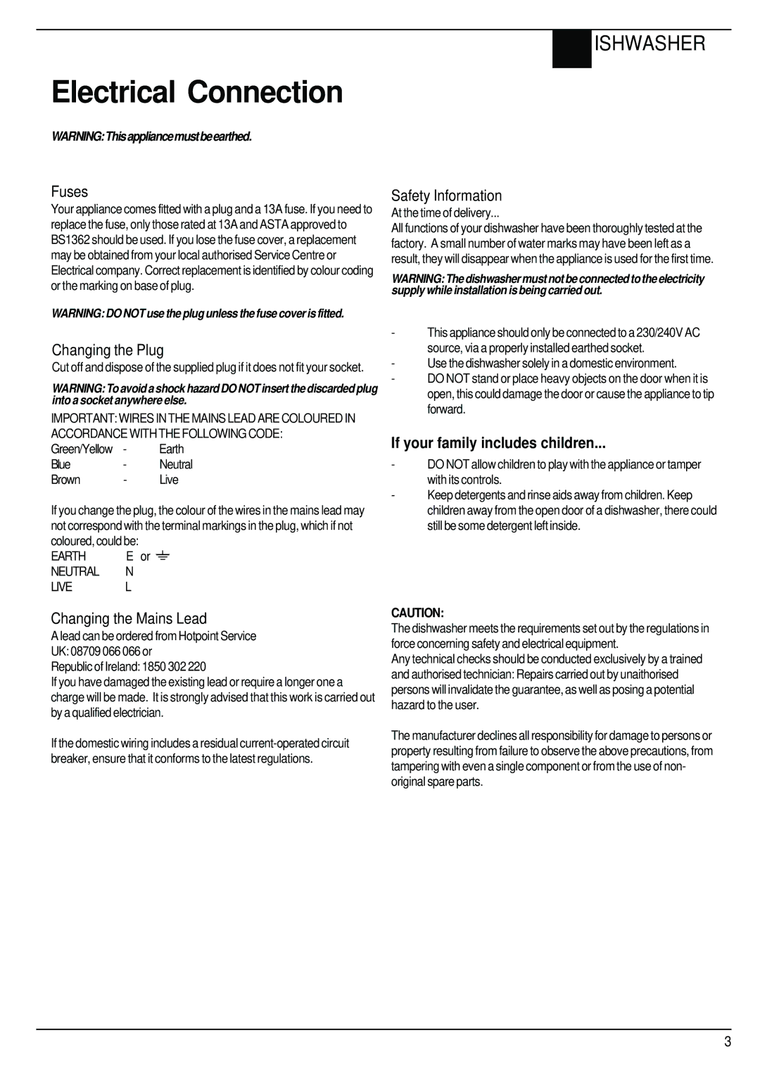 Hotpoint BFI68 manual Electrical Connection 