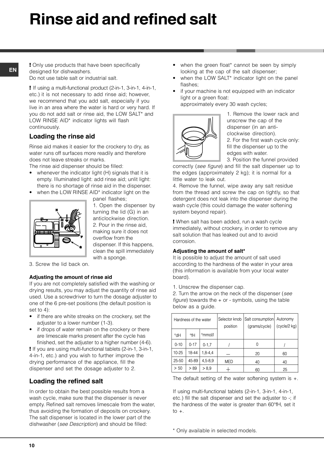 Hotpoint BFQ 700 manual Rinse aid and refined salt, Loading the rinse aid, Loading the refined salt 