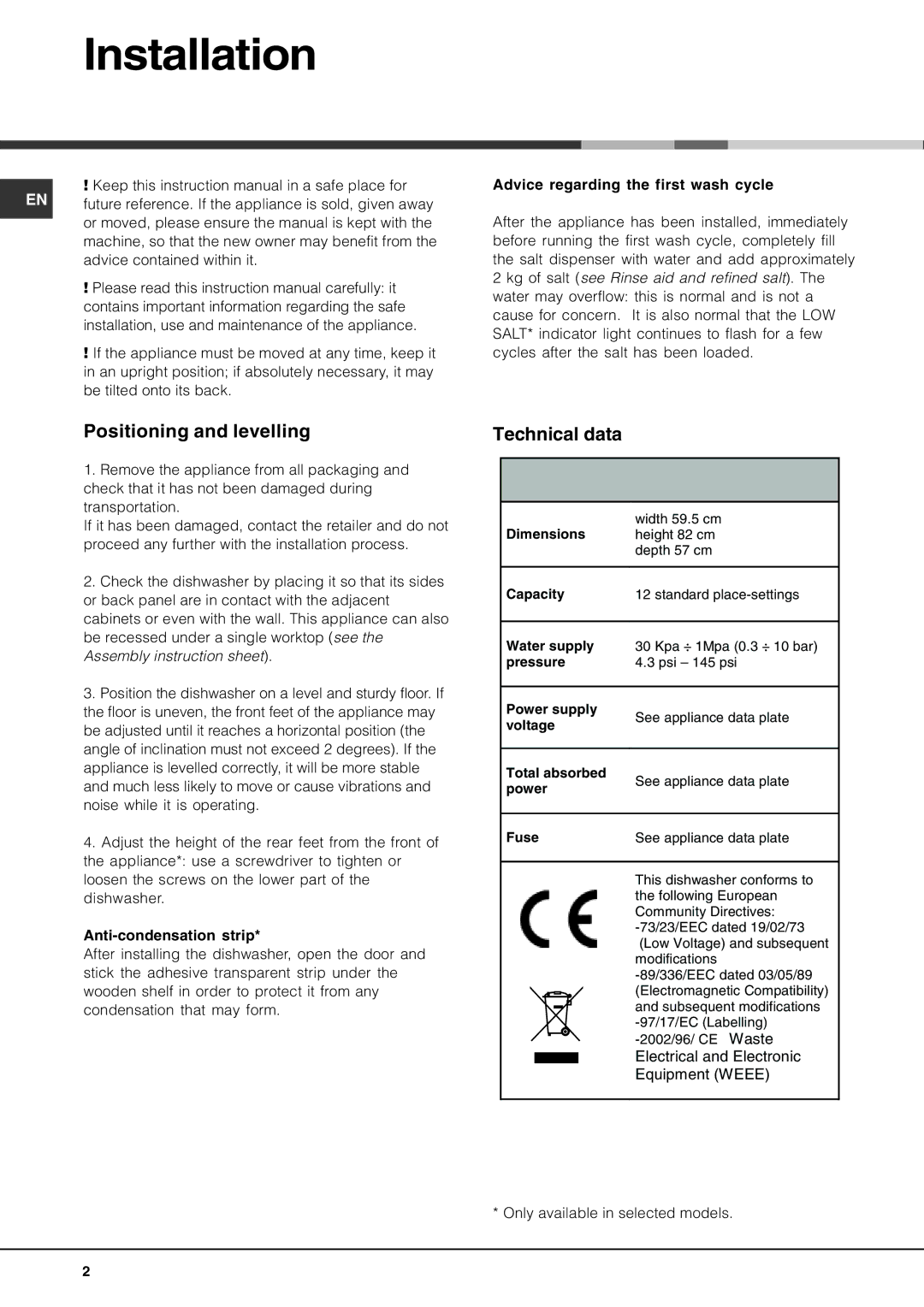 Hotpoint BFQ 700 manual Installation, Positioning and levelling, Technical data 