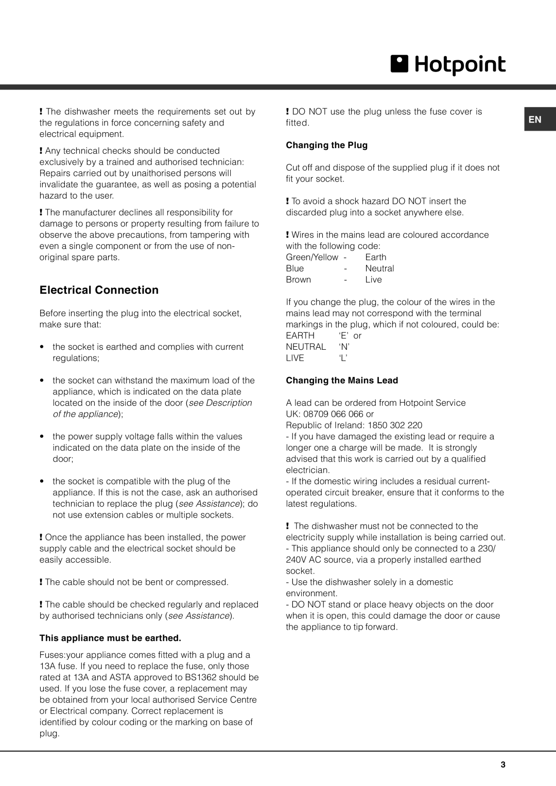 Hotpoint BFQ 700 manual Electrical Connection, Live 