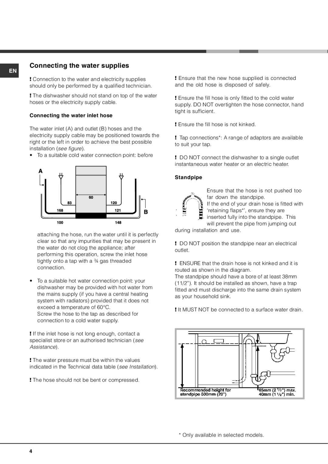 Hotpoint BFQ 700 manual Connecting the water supplies 