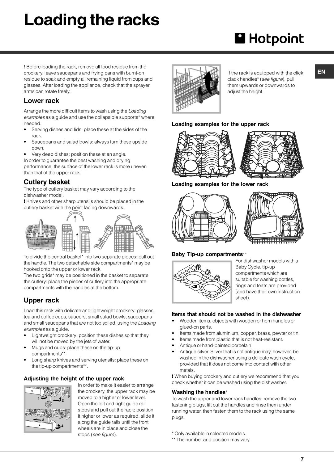 Hotpoint BFQ 700 manual Loading the racks, Lower rack, Cutlery basket, Upper rack 