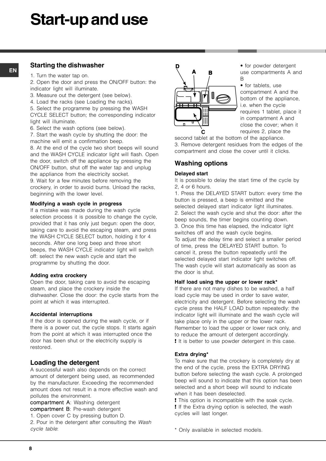 Hotpoint BFQ 700 manual Start-up and use, Starting the dishwasher, Loading the detergent, Washing options 