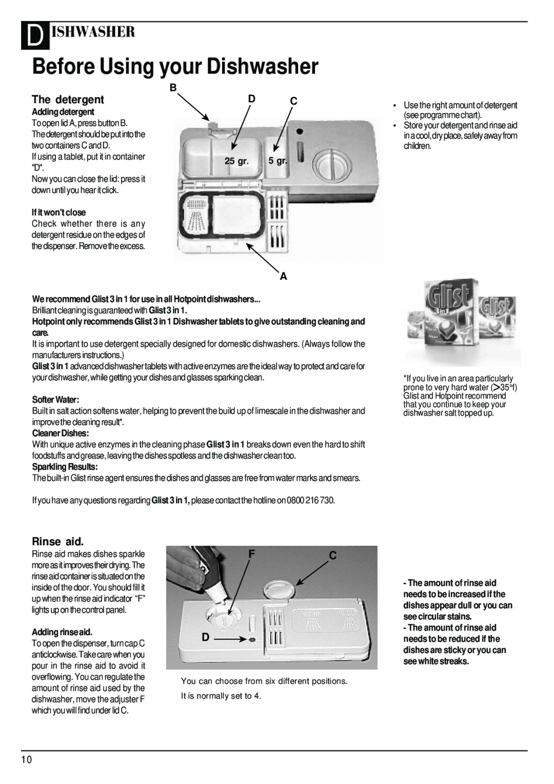 Hotpoint BFT68 manual Adding detergent, If it wont close, 25 gr, Softer Water, Cleaner Dishes, Sparkling Results 