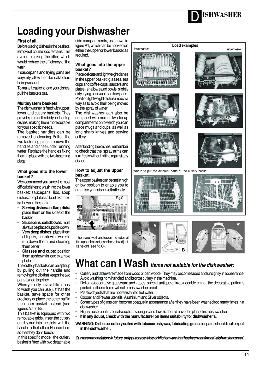 Hotpoint BFT68 manual Load examples, What goes into the upper, Basket?, Multisystem baskets, Glasses and cups position 