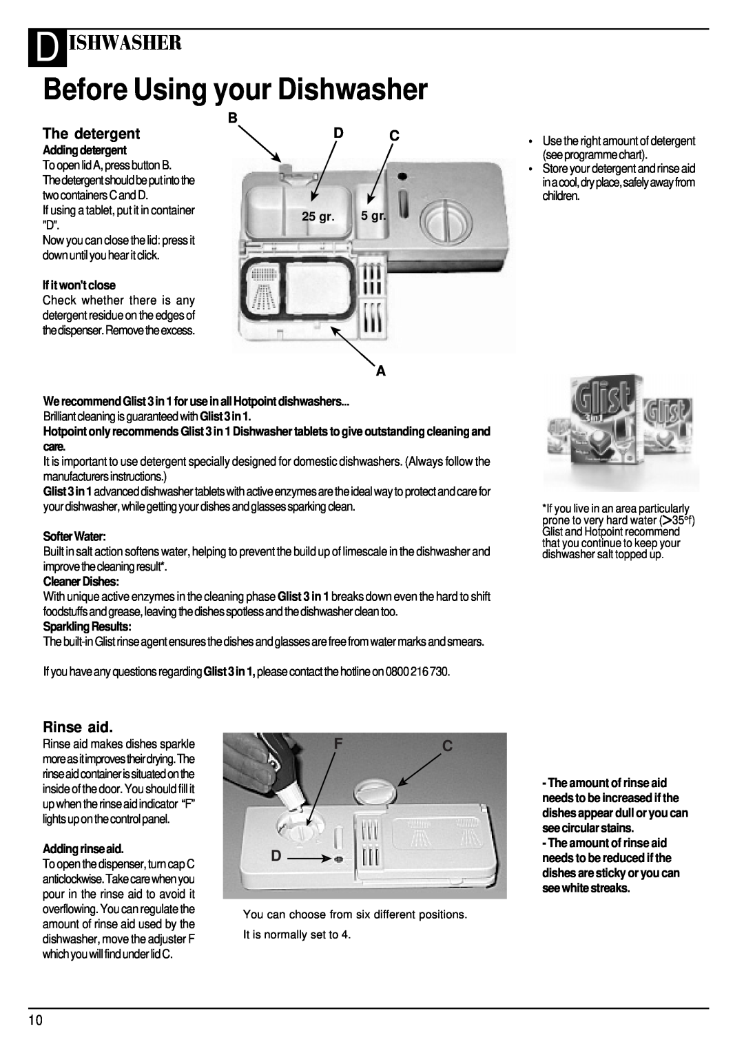 Hotpoint BFT68 manual Before Using your Dishwasher, D Ishwasher, The detergent, Rinse aid, Fc D 