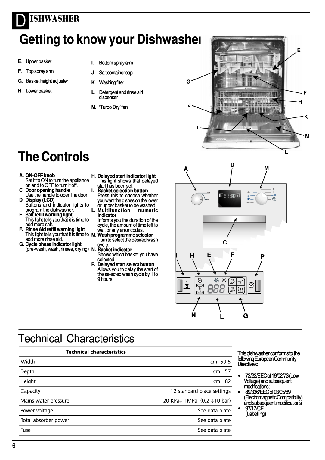 Hotpoint BFT68 manual Getting to know your Dishwasher, The Controls, Technical Characteristics, D Ishwasher, H E F, N L G 