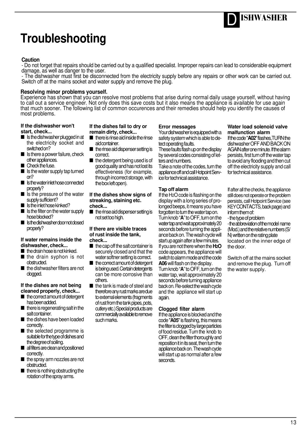 Hotpoint BFT680 manual Troubleshooting, Resolving minor problems yourself 