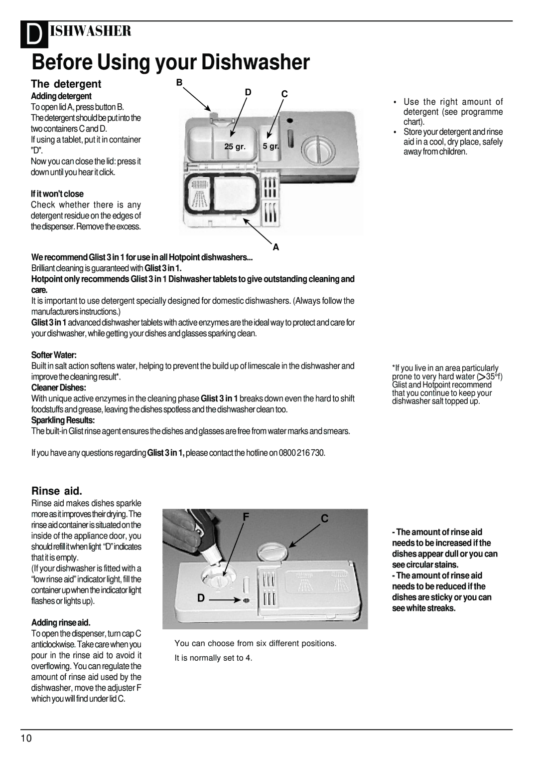 Hotpoint BFV62 manual Adding detergent, If it wont close, Softer Water, Cleaner Dishes, Sparkling Results, Adding rinse aid 