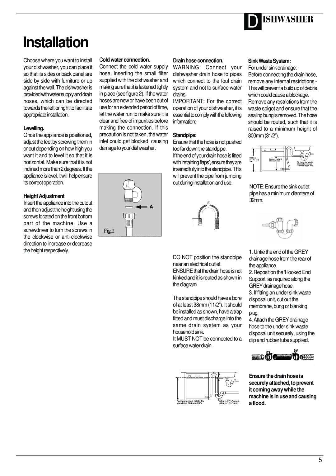 Hotpoint BFV62 manual Levelling, Height Adjustment, Standpipe, Height respectively 