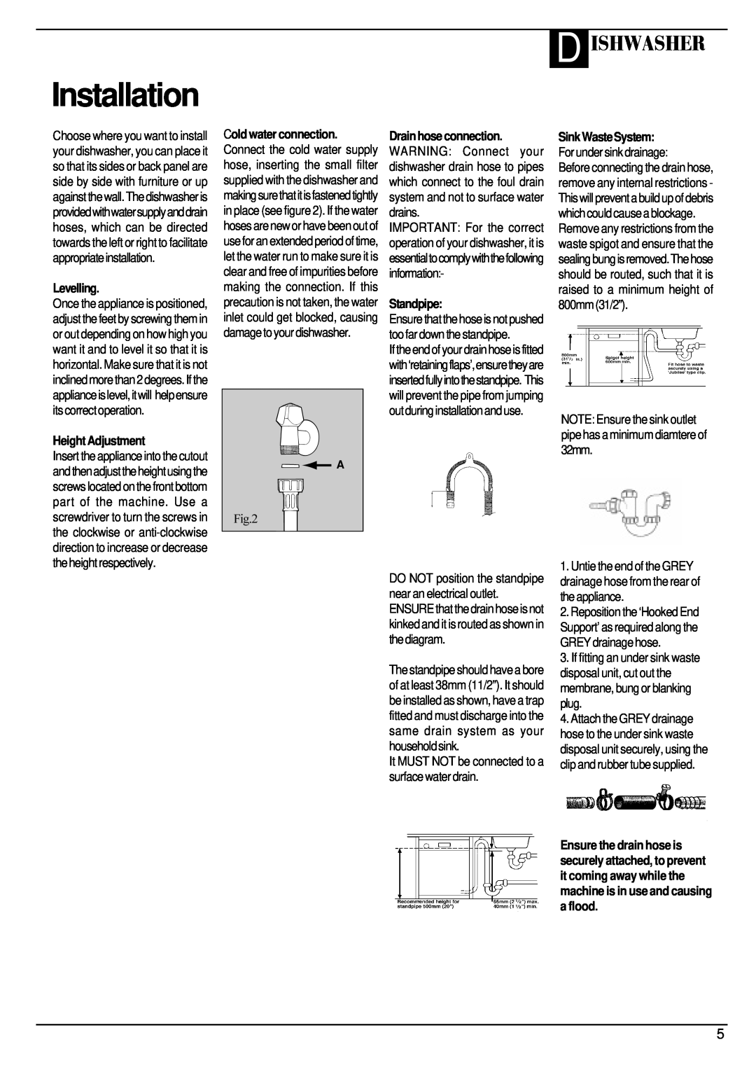 Hotpoint BFV62 manual Installation, D Ishwasher, Levelling, Height Adjustment, Standpipe 
