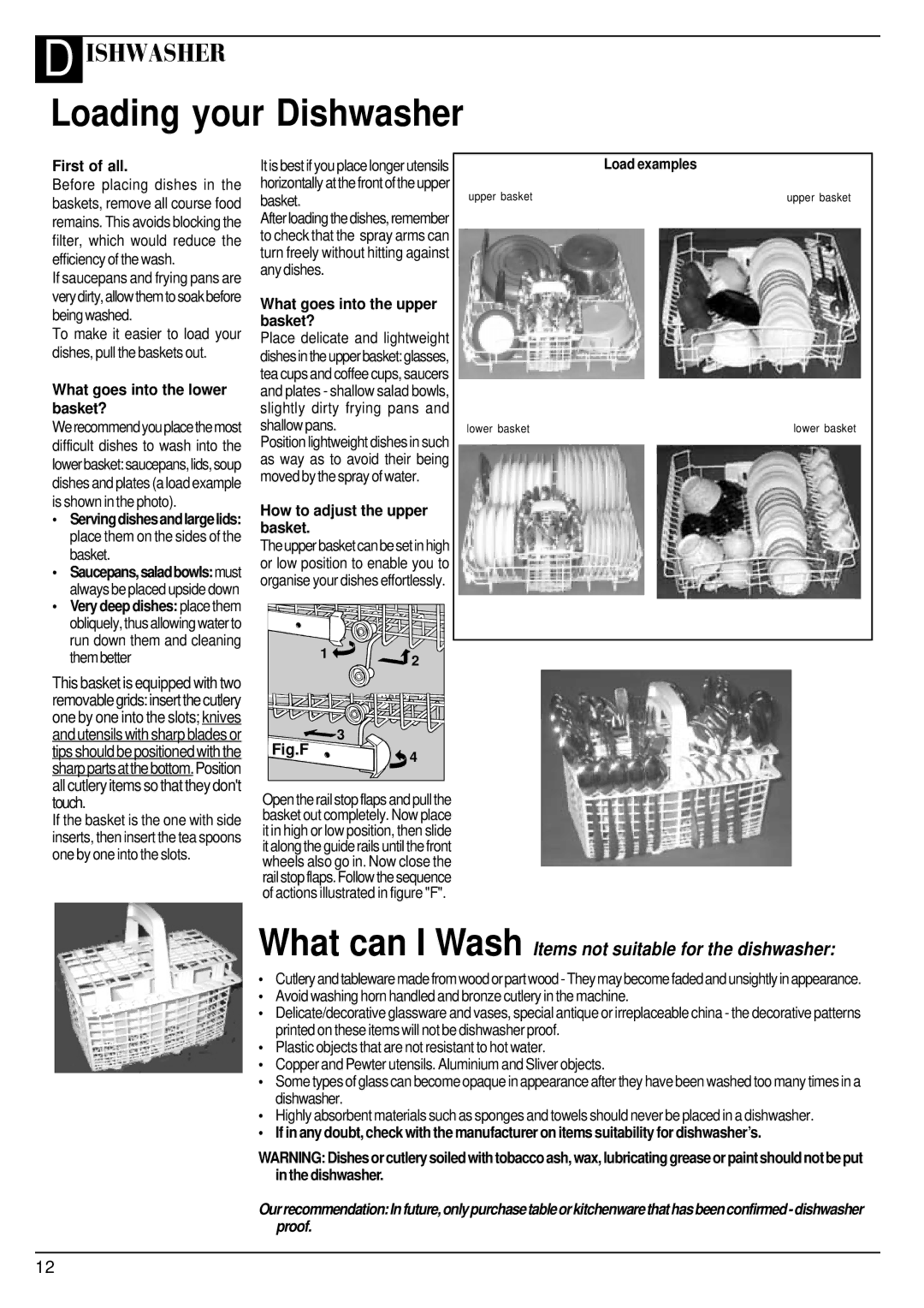 Hotpoint BFV620 Loading your Dishwasher, What goes into the lower basket?, What goes into the upper basket?, Load examples 