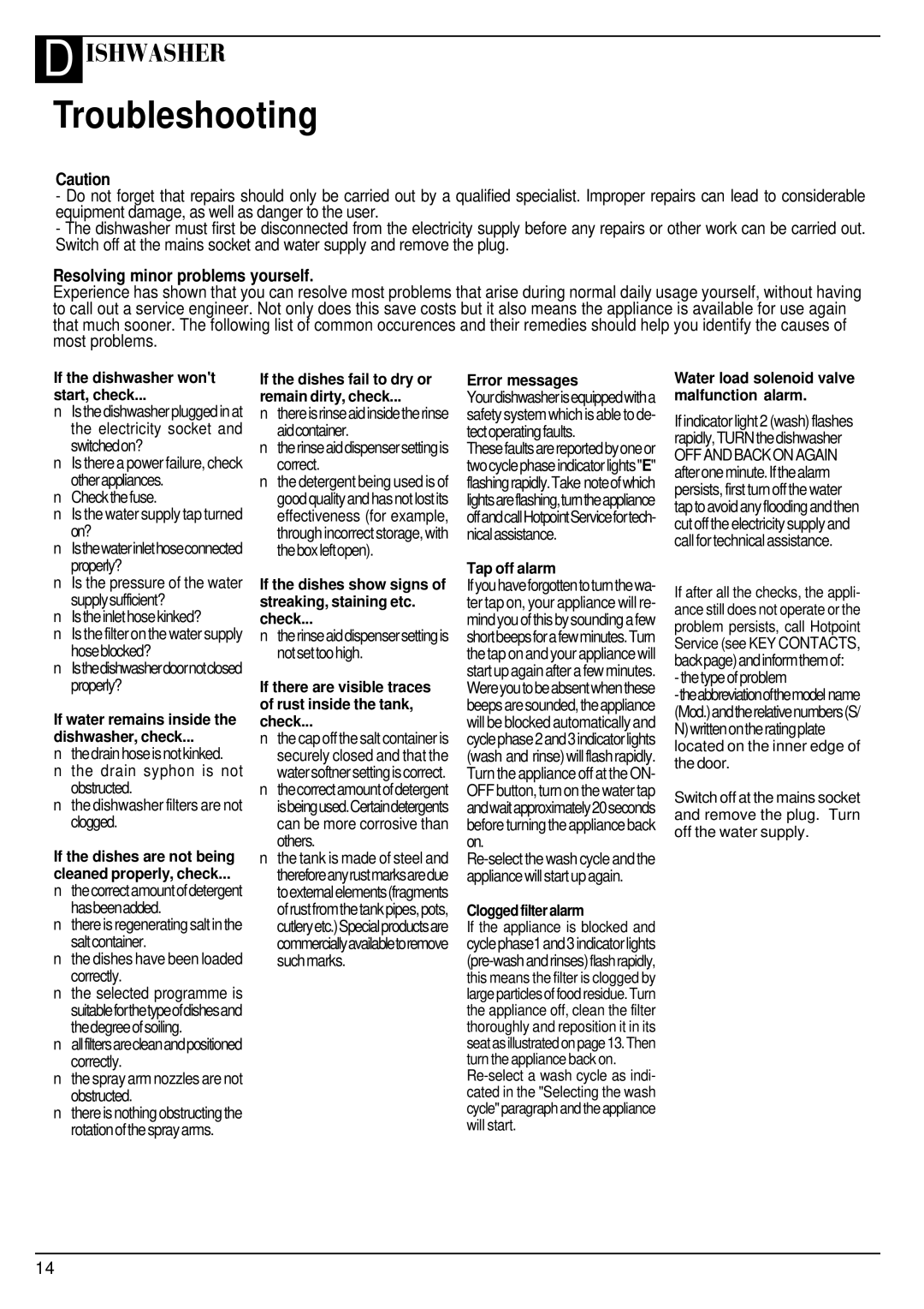 Hotpoint BFV620 manual Troubleshooting, Resolving minor problems yourself 