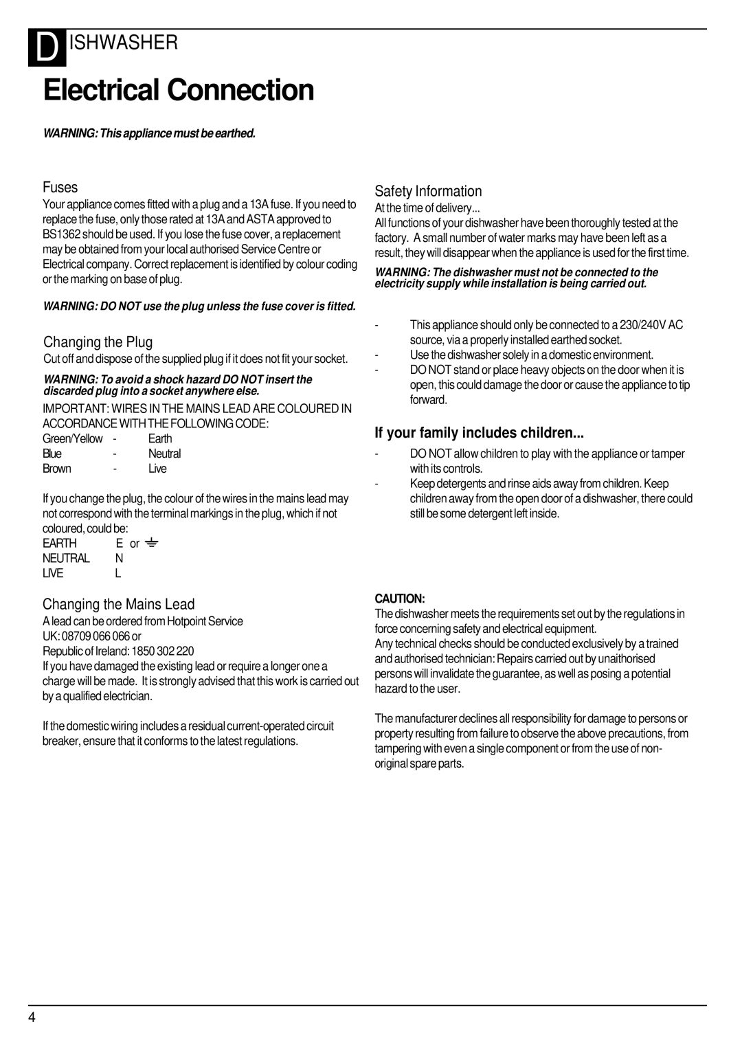 Hotpoint BFV620 manual Electrical Connection 