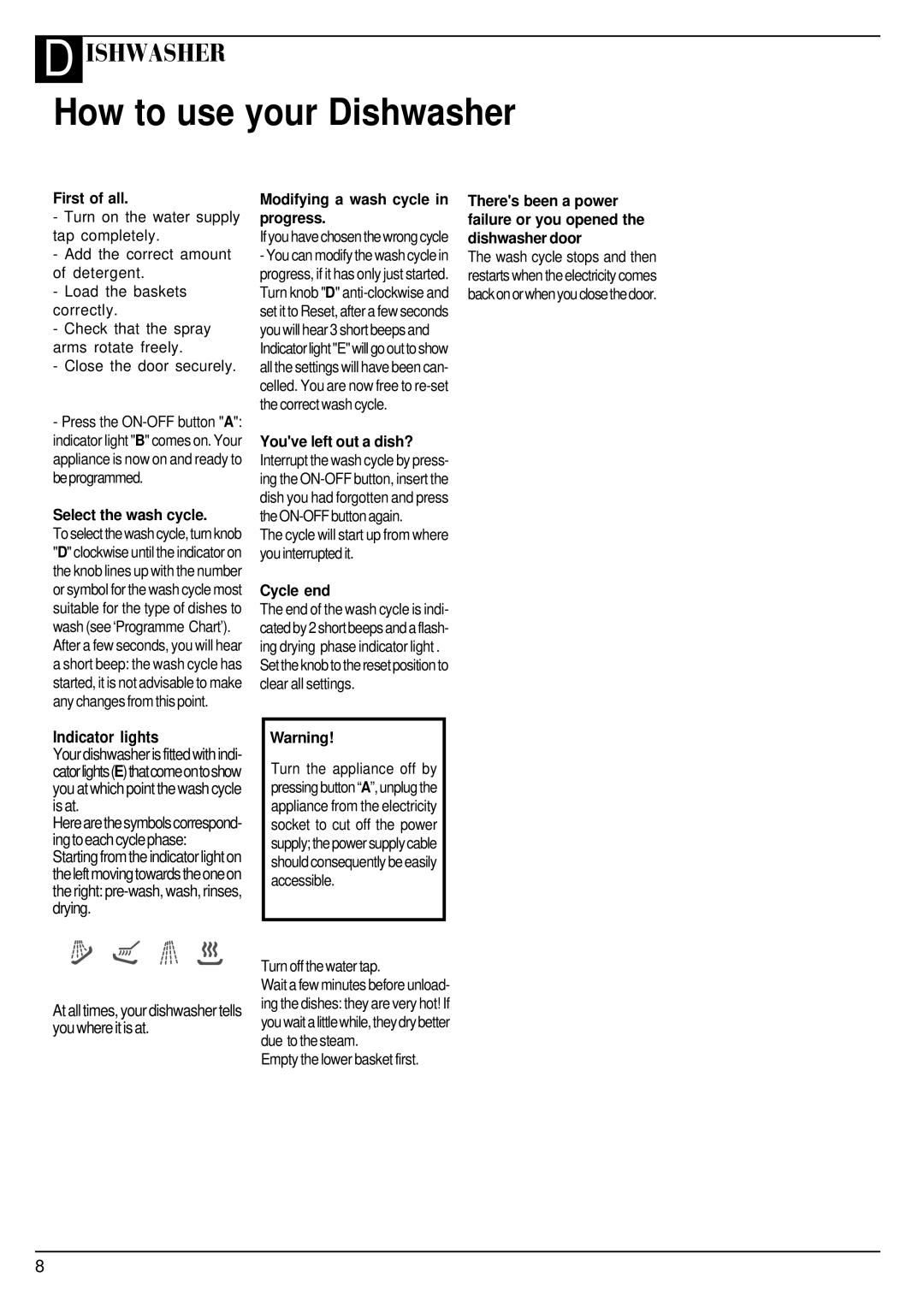 Hotpoint BFV620 manual How to use your Dishwasher, First of all, Select the wash cycle, Modifying a wash cycle in progress 