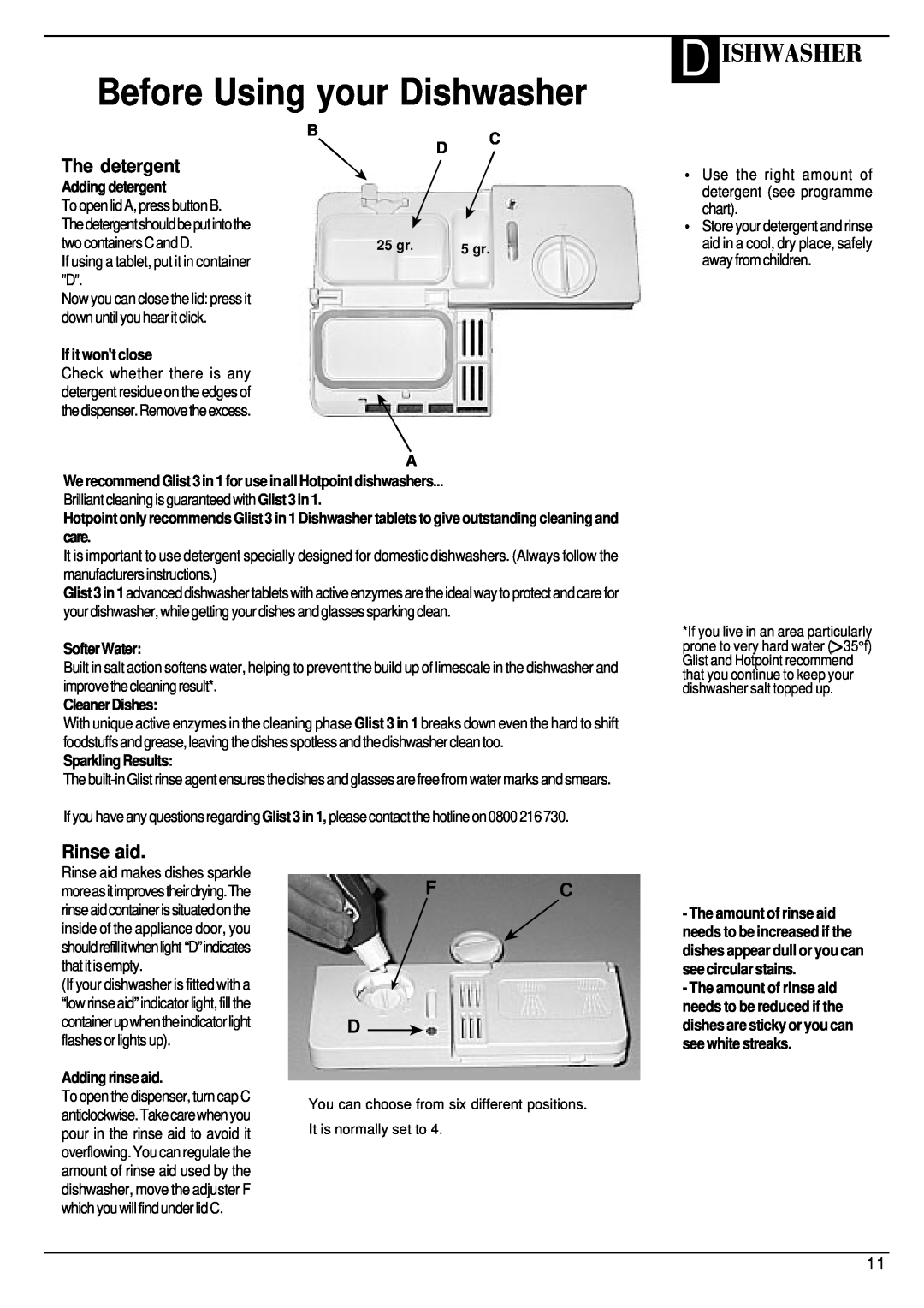 Hotpoint BFV620 Before Using your Dishwasher, D Ishwasher, The detergent, Rinse aid, Fc D, Bc D, Adding detergent, 25 gr 