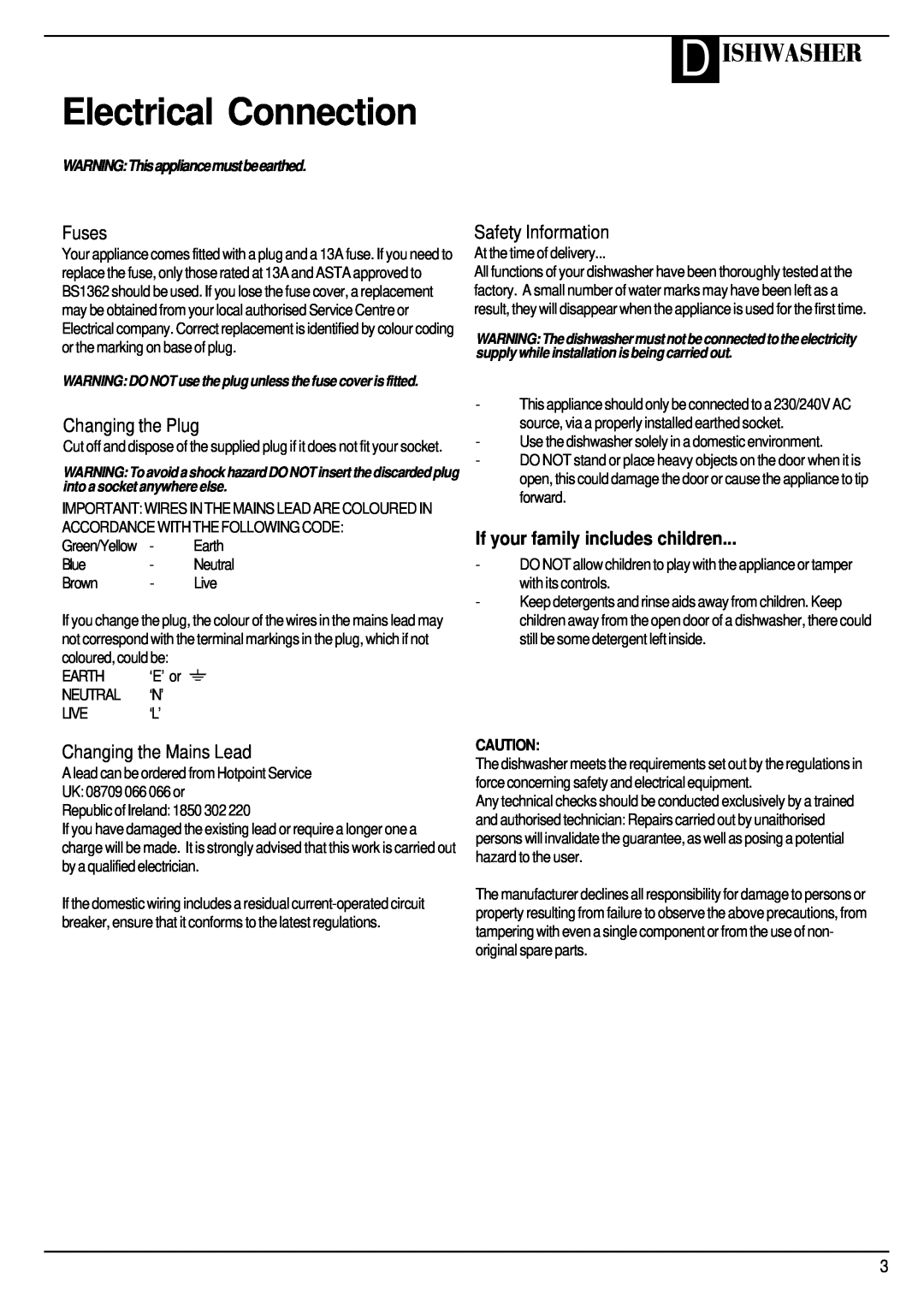 Hotpoint BFV68 Electrical Connection, D Ishwasher, Fuses, Safety Information, Changing the Plug, Changing the Mains Lead 