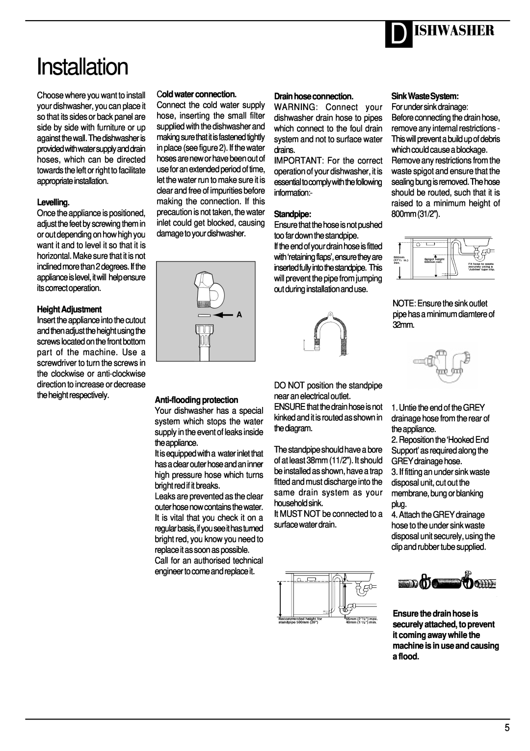 Hotpoint BFV68 manual Installation, D Ishwasher, Levelling, Height Adjustment, Anti-floodingprotection, Standpipe 