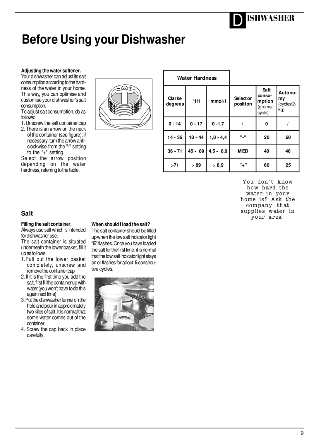 Hotpoint BFV680 manual Before Using your Dishwasher, Adjusting the water softener, Filling the salt container 