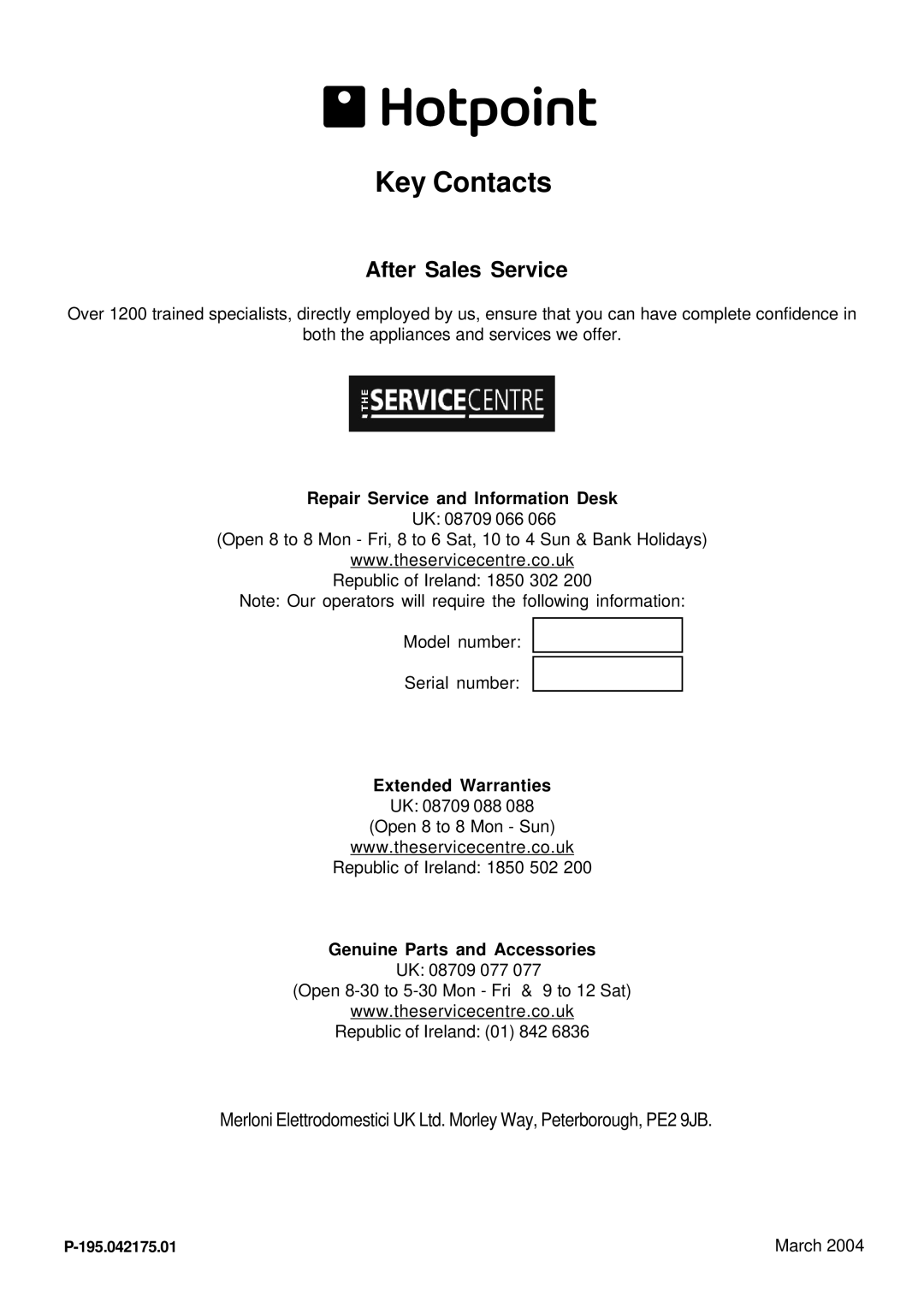 Hotpoint BFV680 manual Repair Service and Information Desk, Genuine Parts and Accessories, March, 195.042175.01 