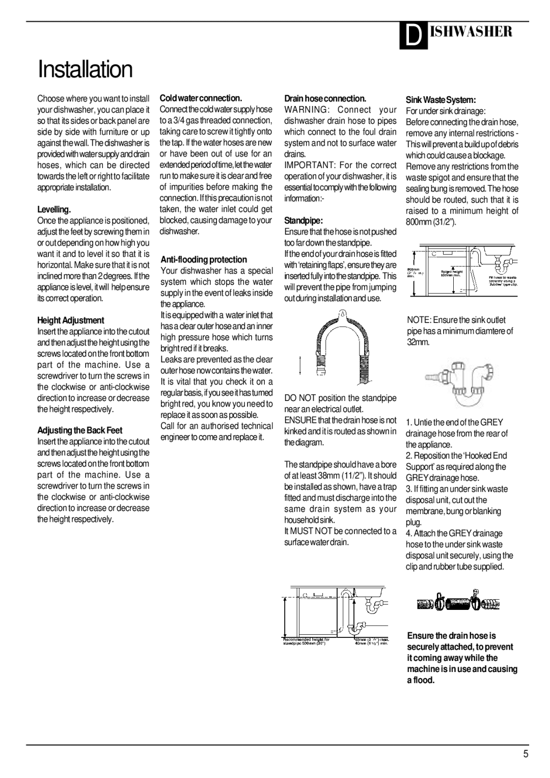 Hotpoint BFV680 manual Levelling, Height Adjustment, Adjusting the Back Feet, Anti-flooding protection, Standpipe 