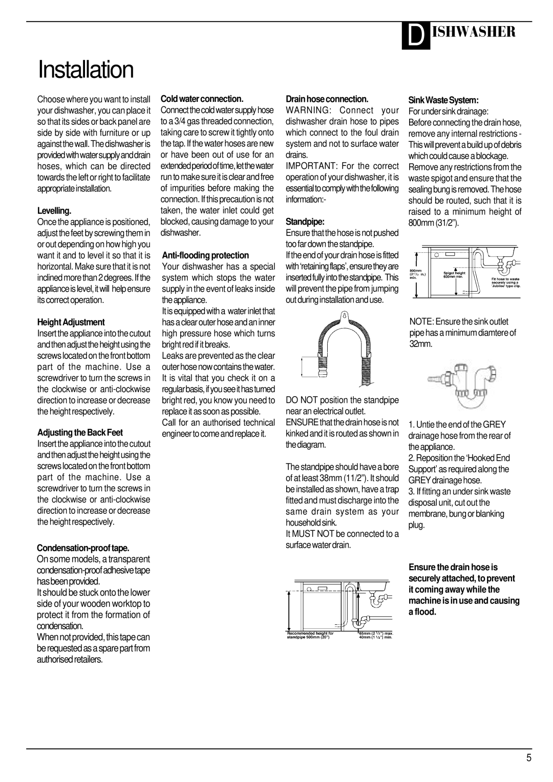 Hotpoint BFZ 680 Levelling, Height Adjustment, Adjusting the Back Feet, Condensation-proof tape, Anti-flooding protection 