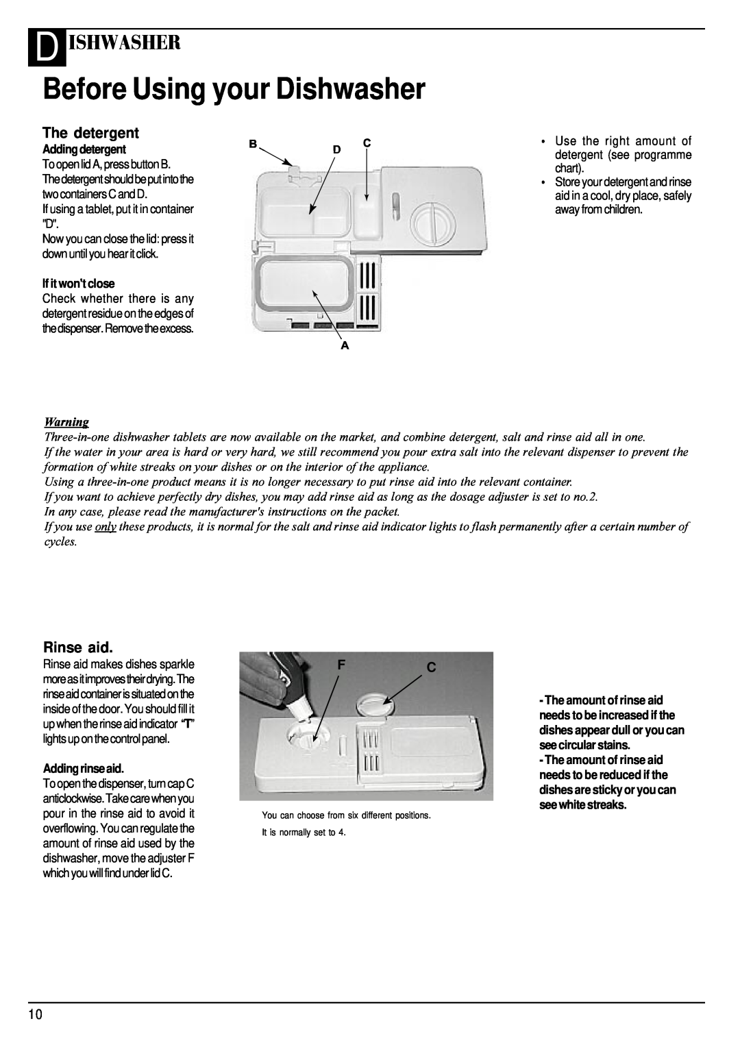Hotpoint BFZ 680 manual Before Using your Dishwasher, D Ishwasher, The detergent, Rinse aid 
