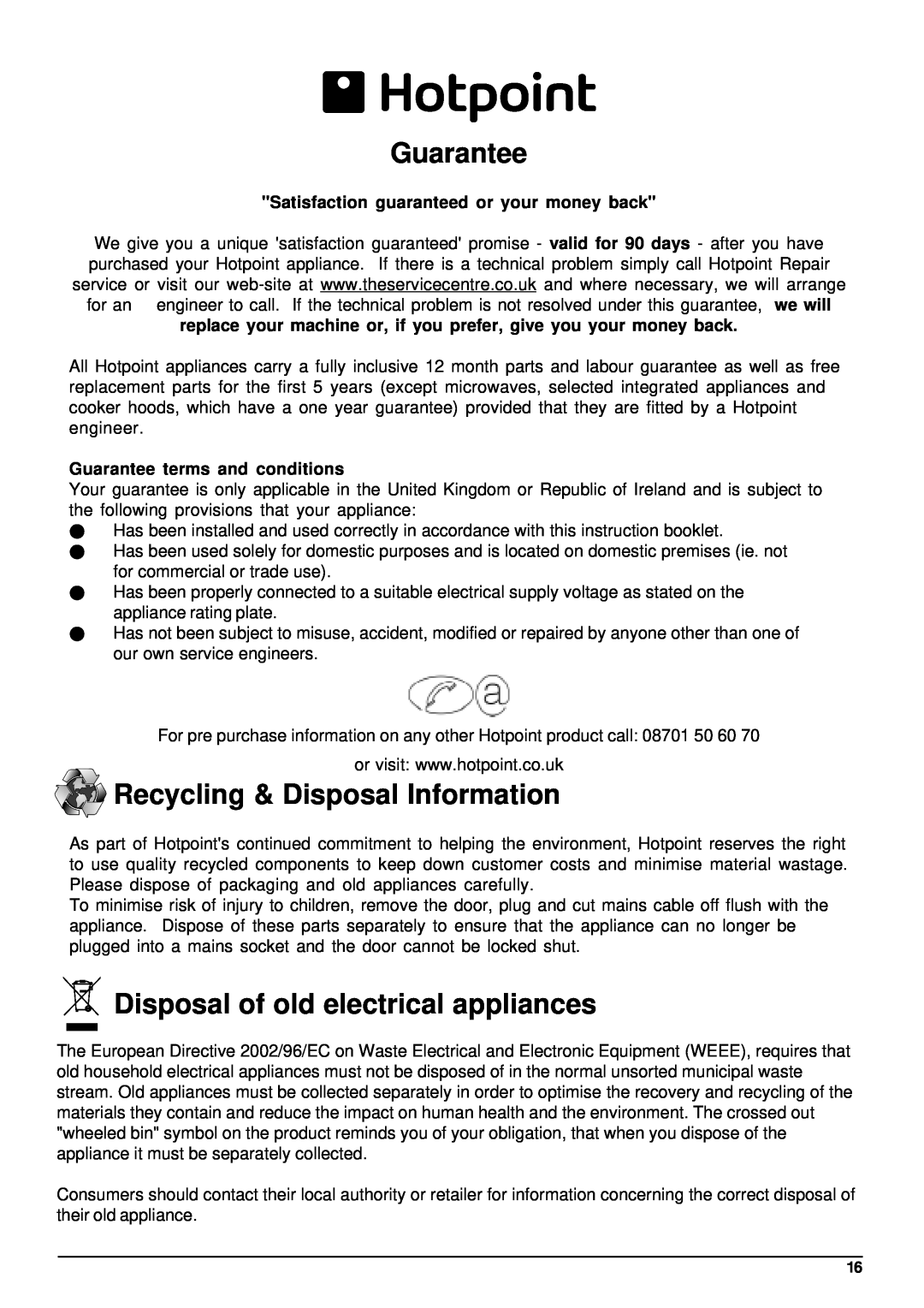 Hotpoint BFZ 680 manual Guarantee, Recycling & Disposal Information, Disposal of old electrical appliances 