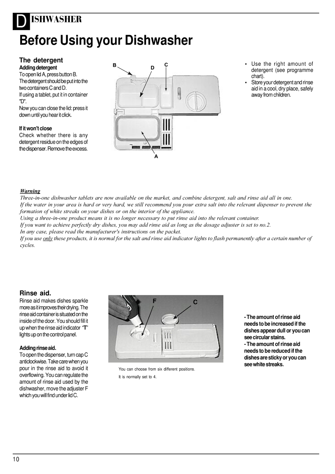 Hotpoint BFZ 700 manual Adding detergent, If it wont close, Use the right amount of detergent see programme chart 