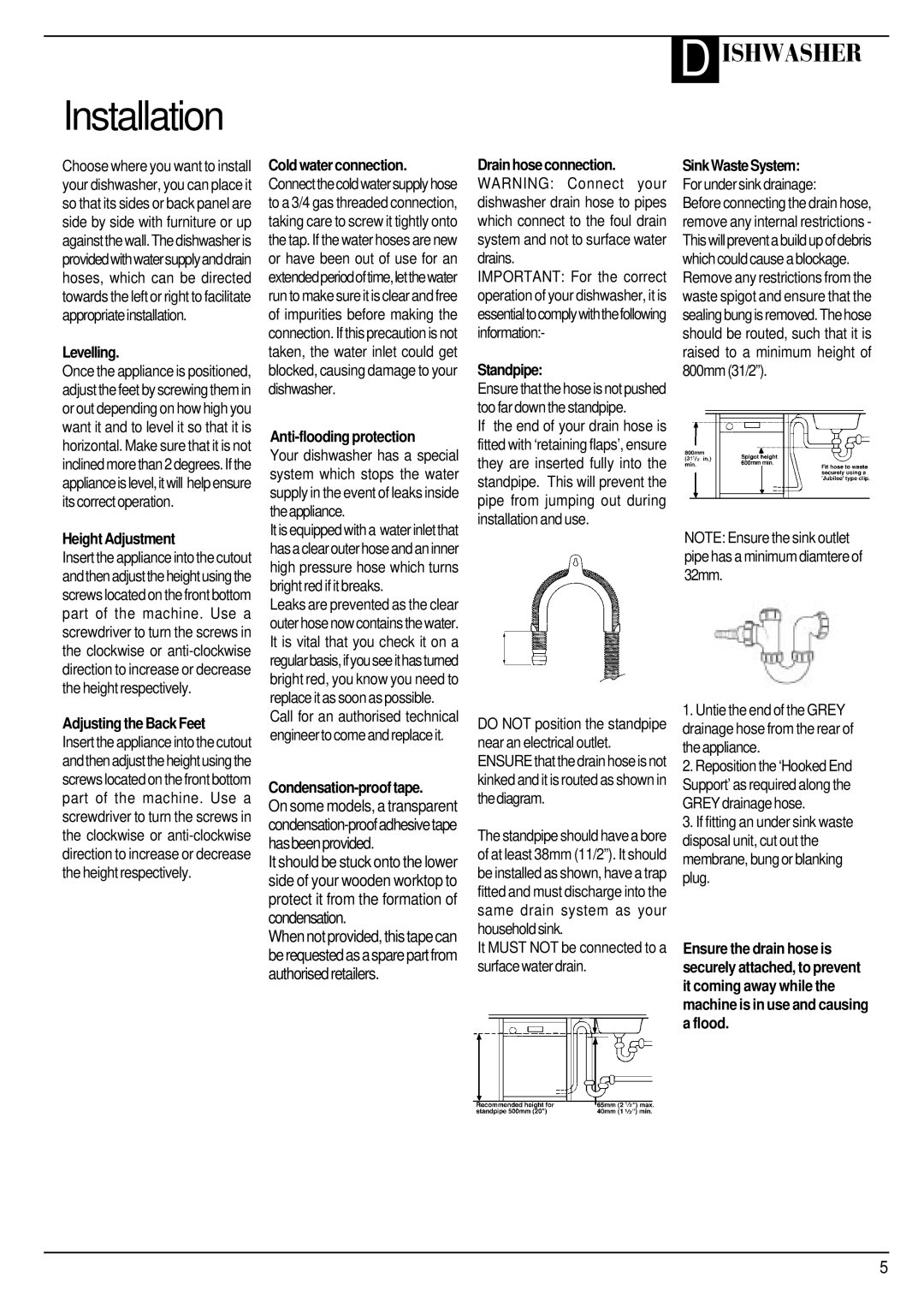 Hotpoint BFZ 700 Levelling, Height Adjustment, Adjusting the Back Feet, Anti-flooding protection, Condensation-proof tape 