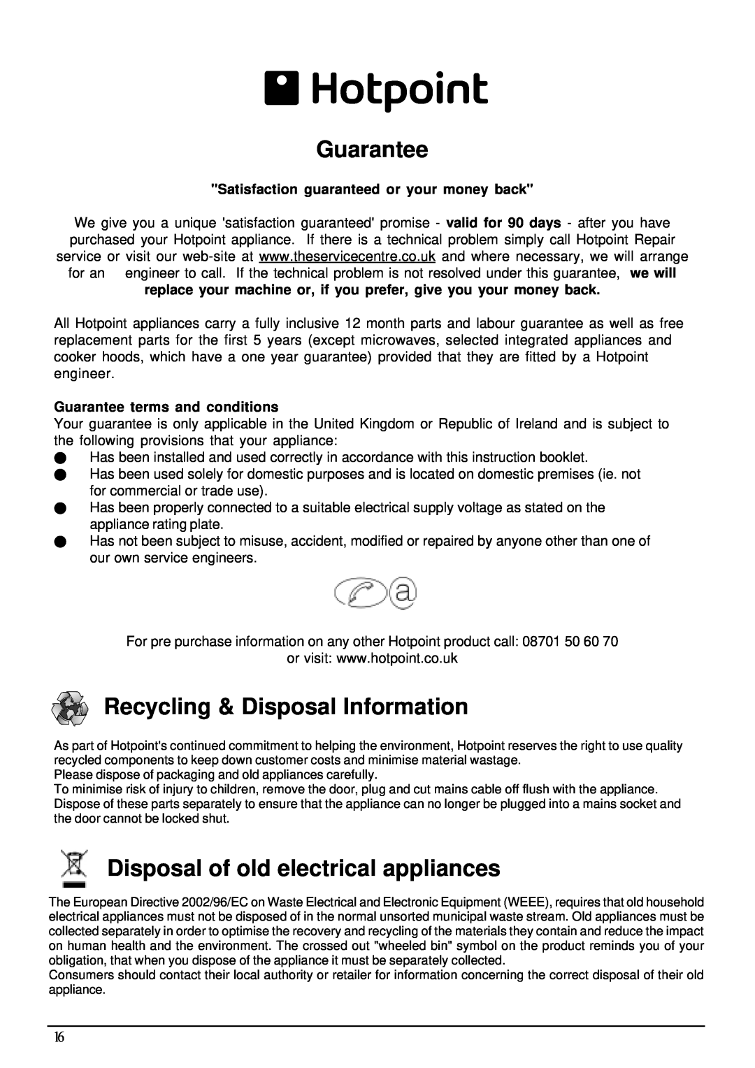 Hotpoint BFZ 700 manual Guarantee, Recycling & Disposal Information, Disposal of old electrical appliances 