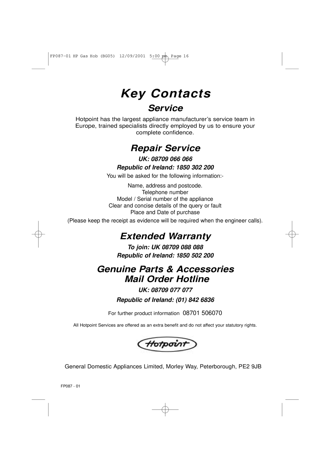 Hotpoint BG05 manual Key Contacts 