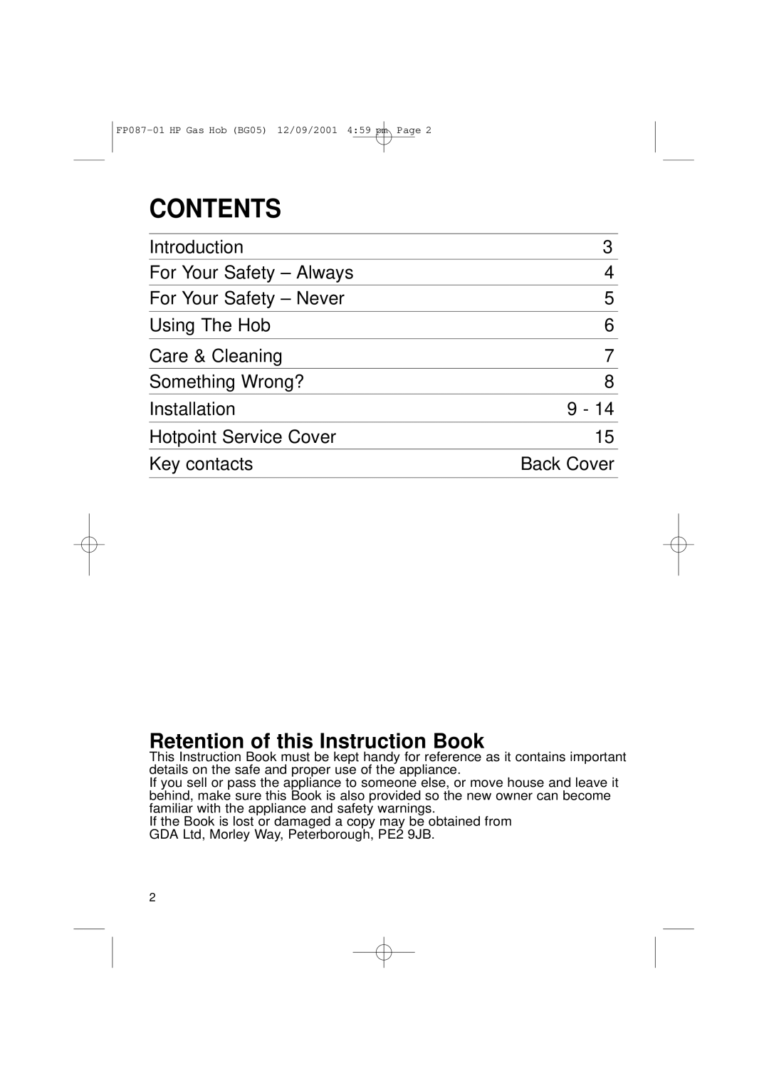 Hotpoint BG05 manual Contents 