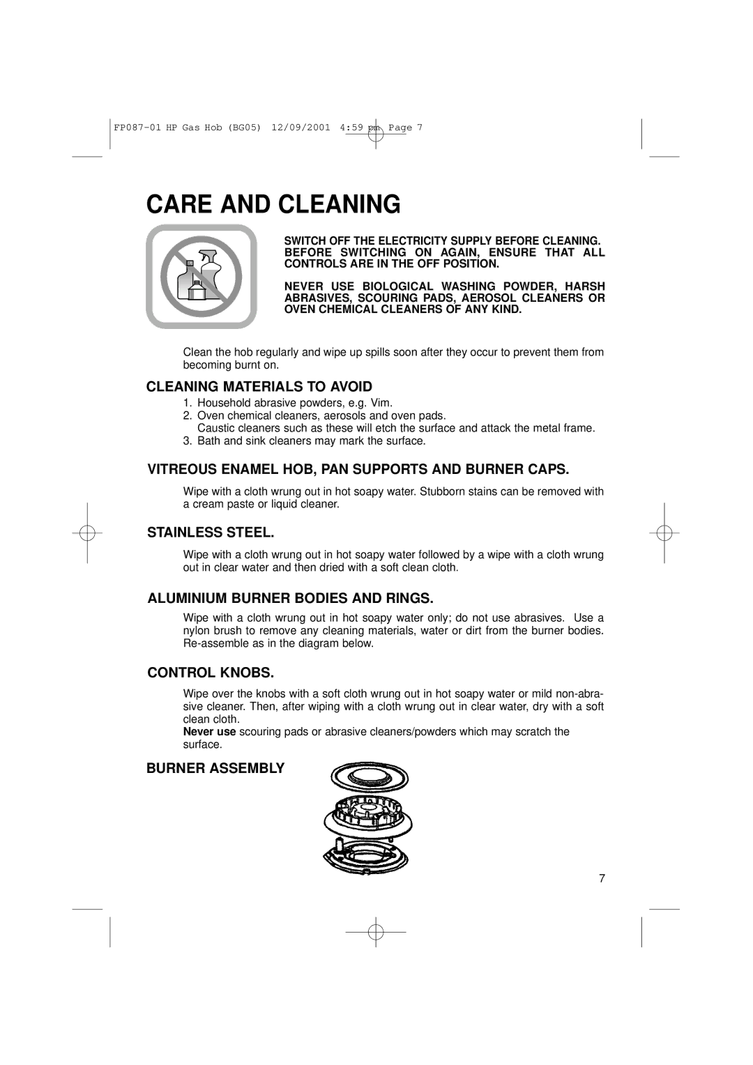 Hotpoint BG05 manual Care and Cleaning 