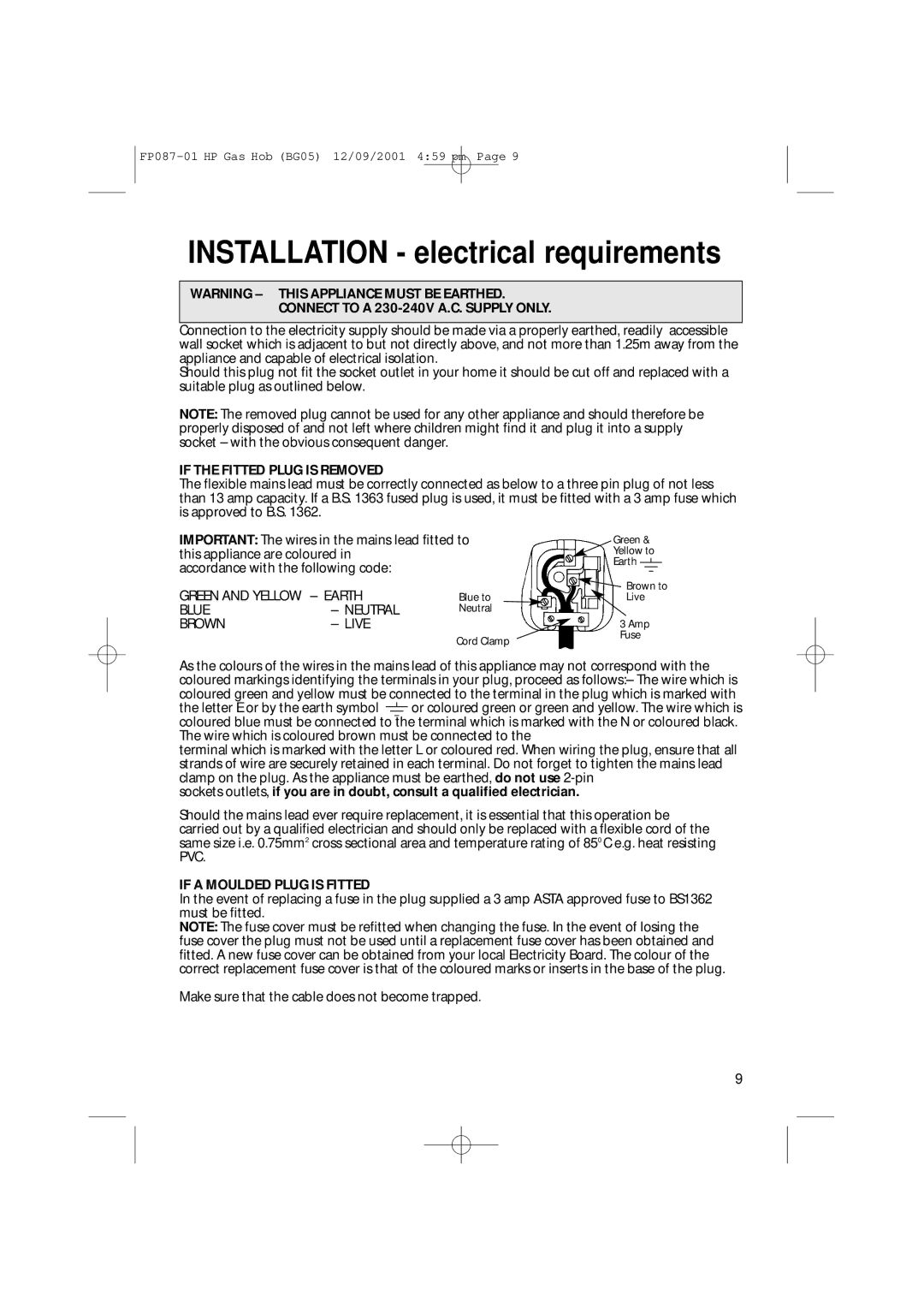 Hotpoint BG05 manual Installation electrical requirements 