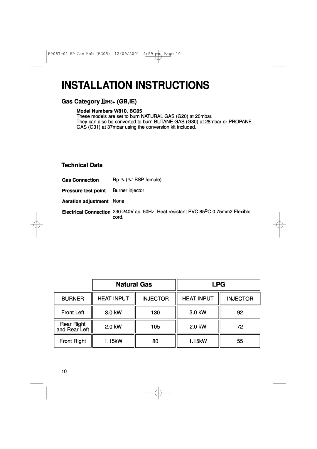 Hotpoint Installation Instructions, Natural Gas, Gas Category II2H3+ GB,IE, Technical Data, Model Numbers W810, BG05 