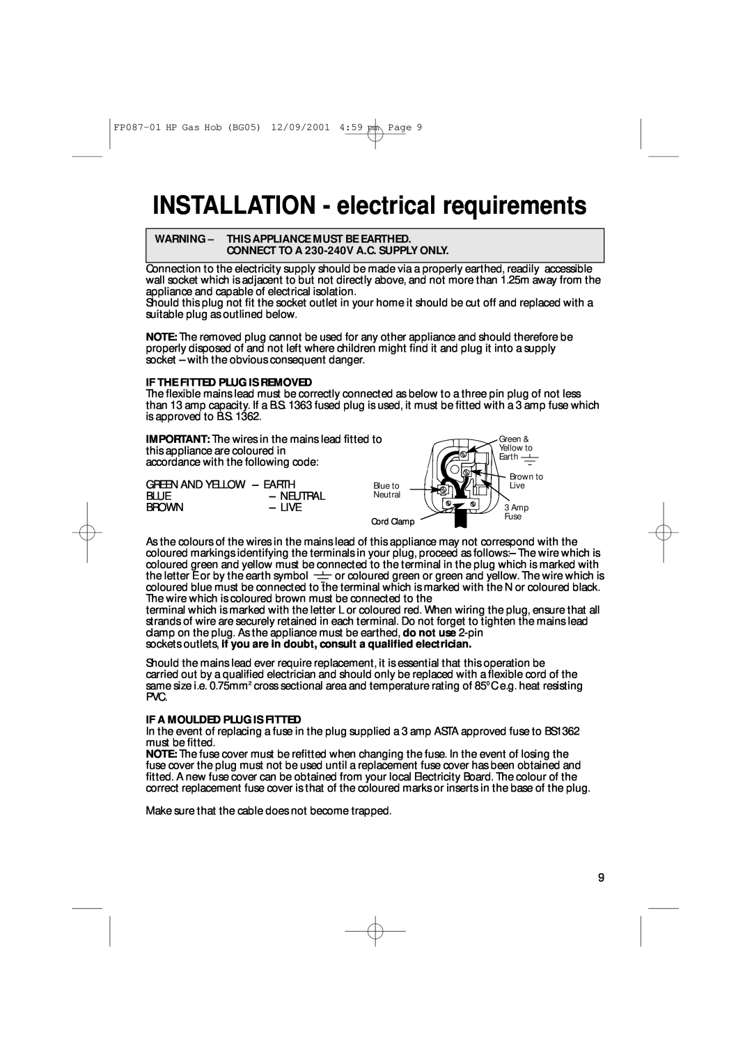 Hotpoint BG05 manual INSTALLATION - electrical requirements, Warning - This Appliance Must Be Earthed 