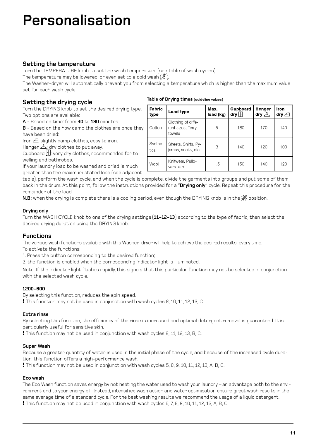 Hotpoint BHWD 129 manual Personalisation, Setting the temperature, Setting the drying cycle, Functions 