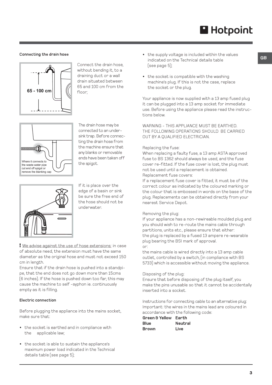 Hotpoint BHWD 129 manual 65 100 cm, Earth, Blue, Brown Live 