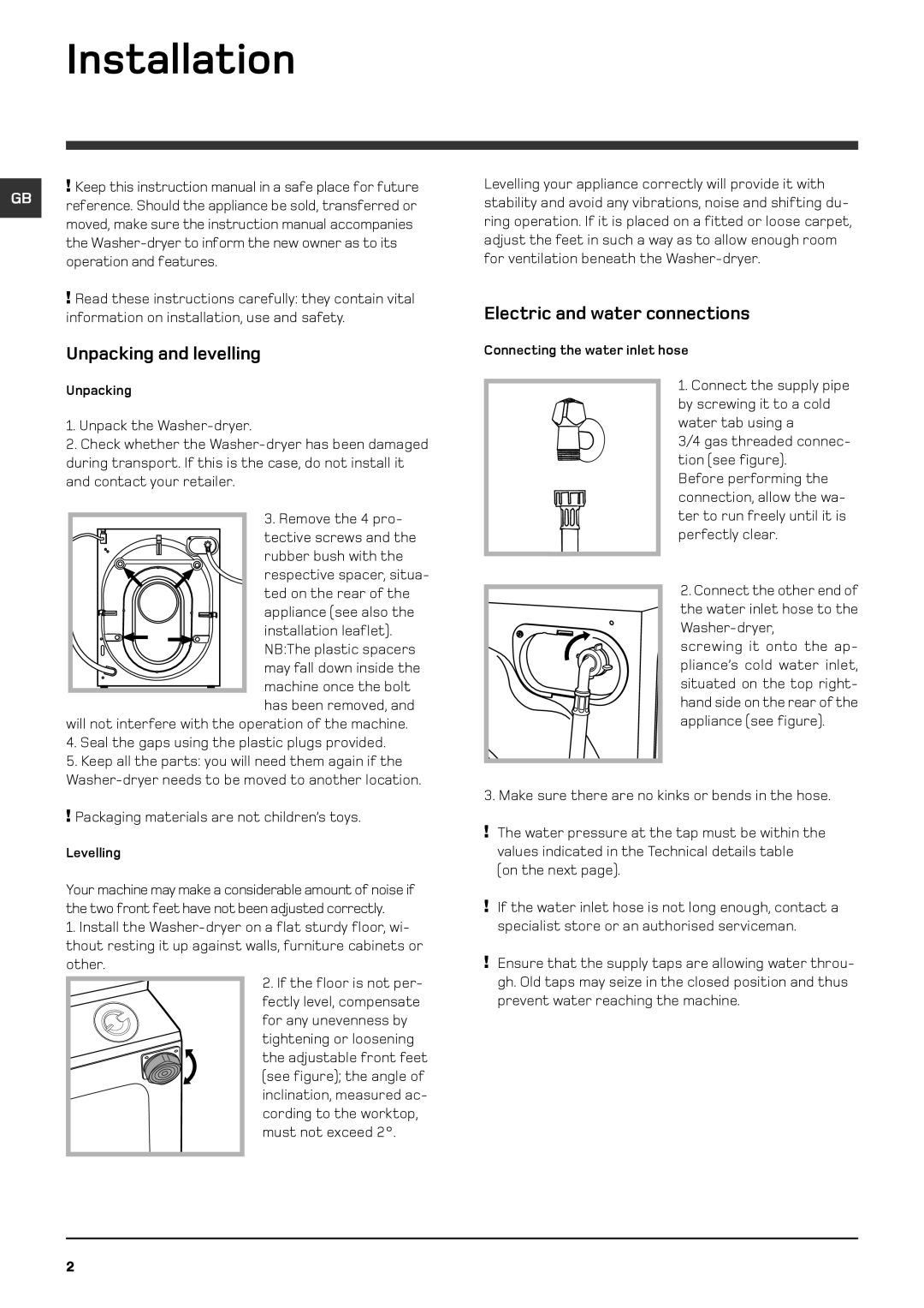 Hotpoint BHWD 149 manual Installation, Unpacking and levelling, Electric and water connections 