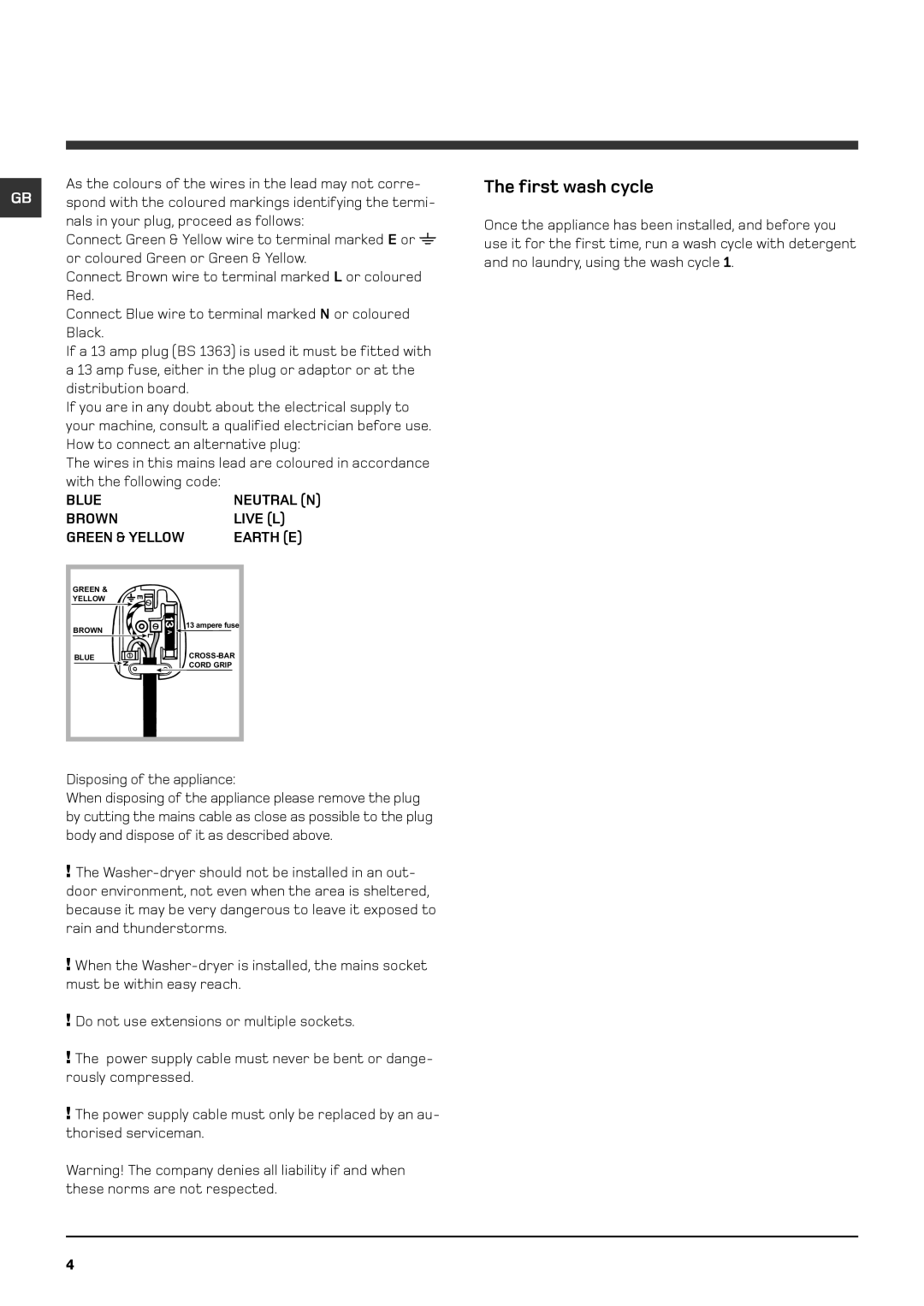 Hotpoint BHWD 149 manual First wash cycle 