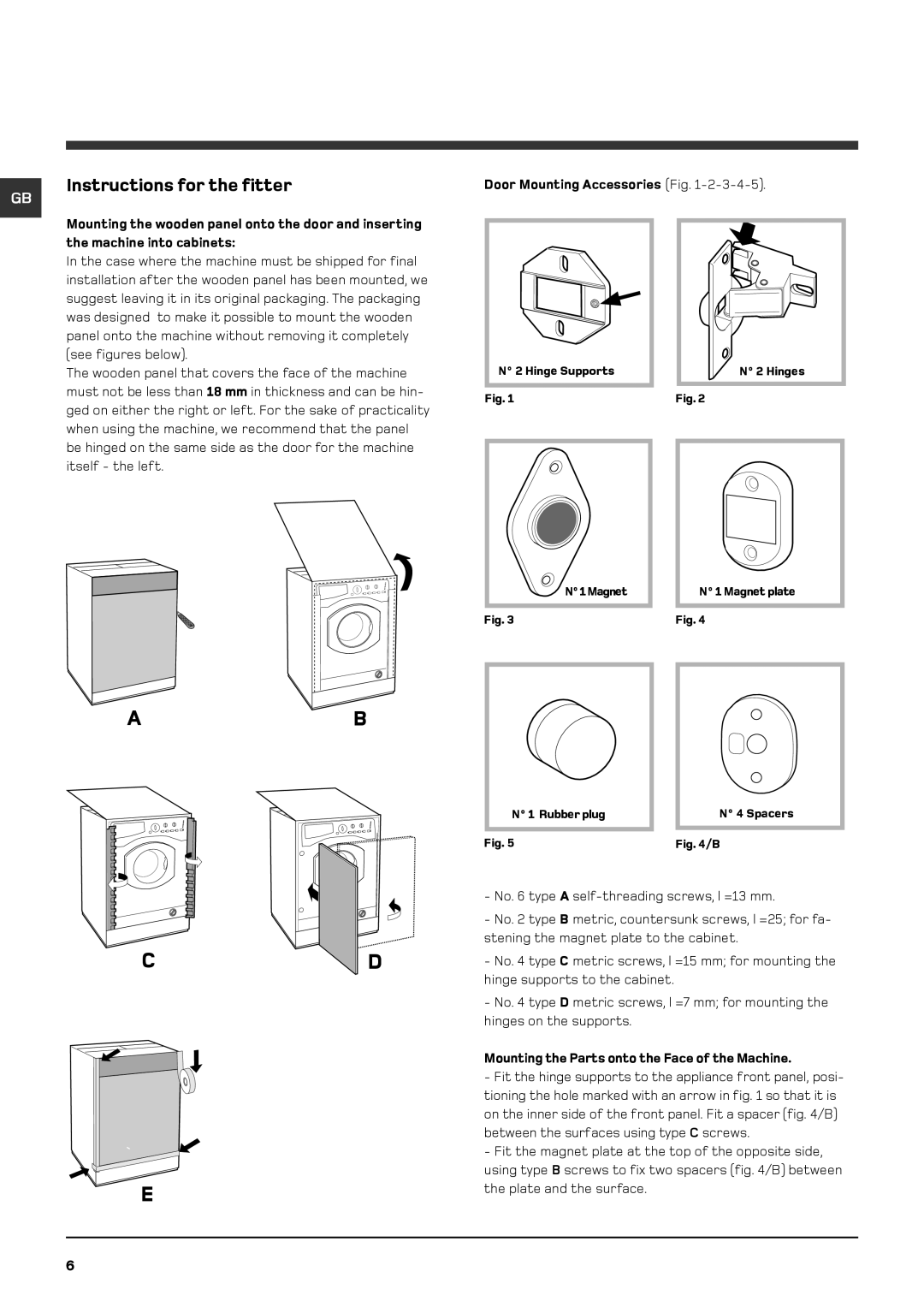 Hotpoint BHWD 149 manual Instructions for the fitter, Door Mounting Accessories Fig 