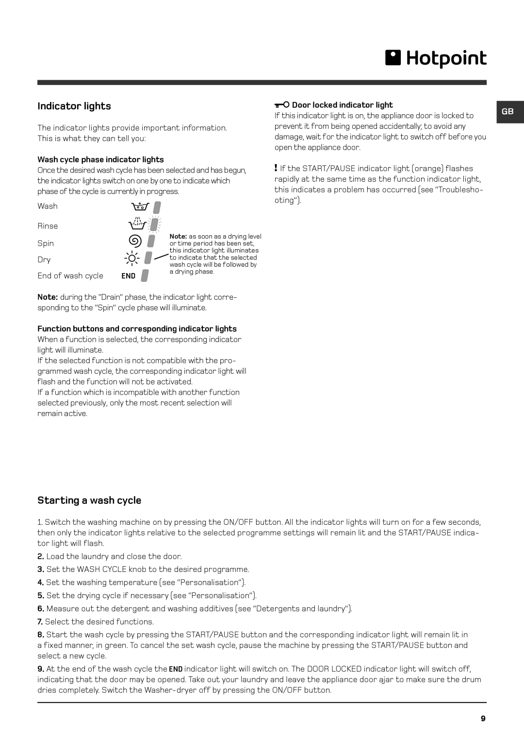 Hotpoint BHWD 149 Indicator lights, Starting a wash cycle, Wash cycle phase indicator lights, Door locked indicator light 