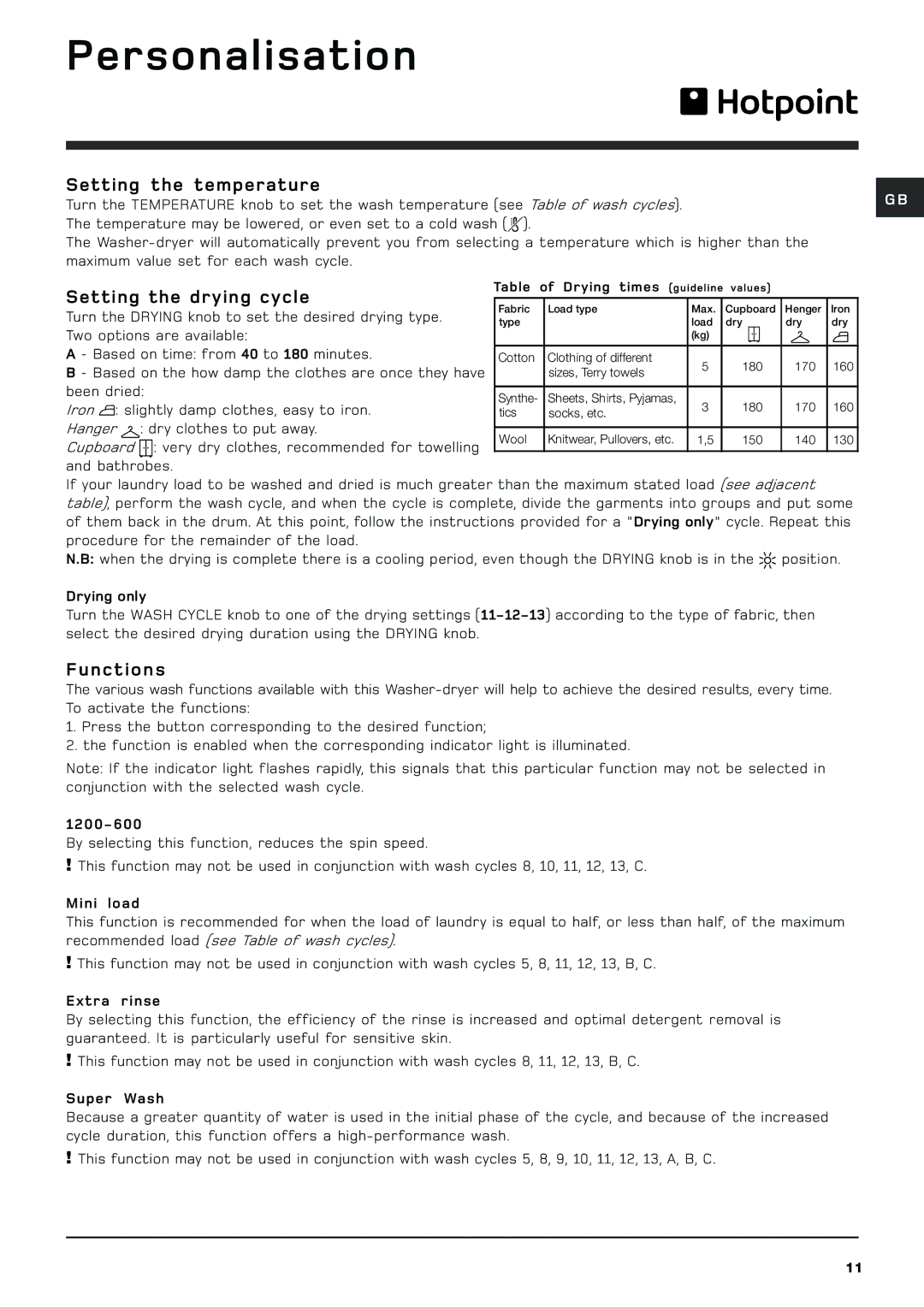 Hotpoint BHWD129 manual Personalisation, Setting the temperature, Setting the drying cycle, Functions 